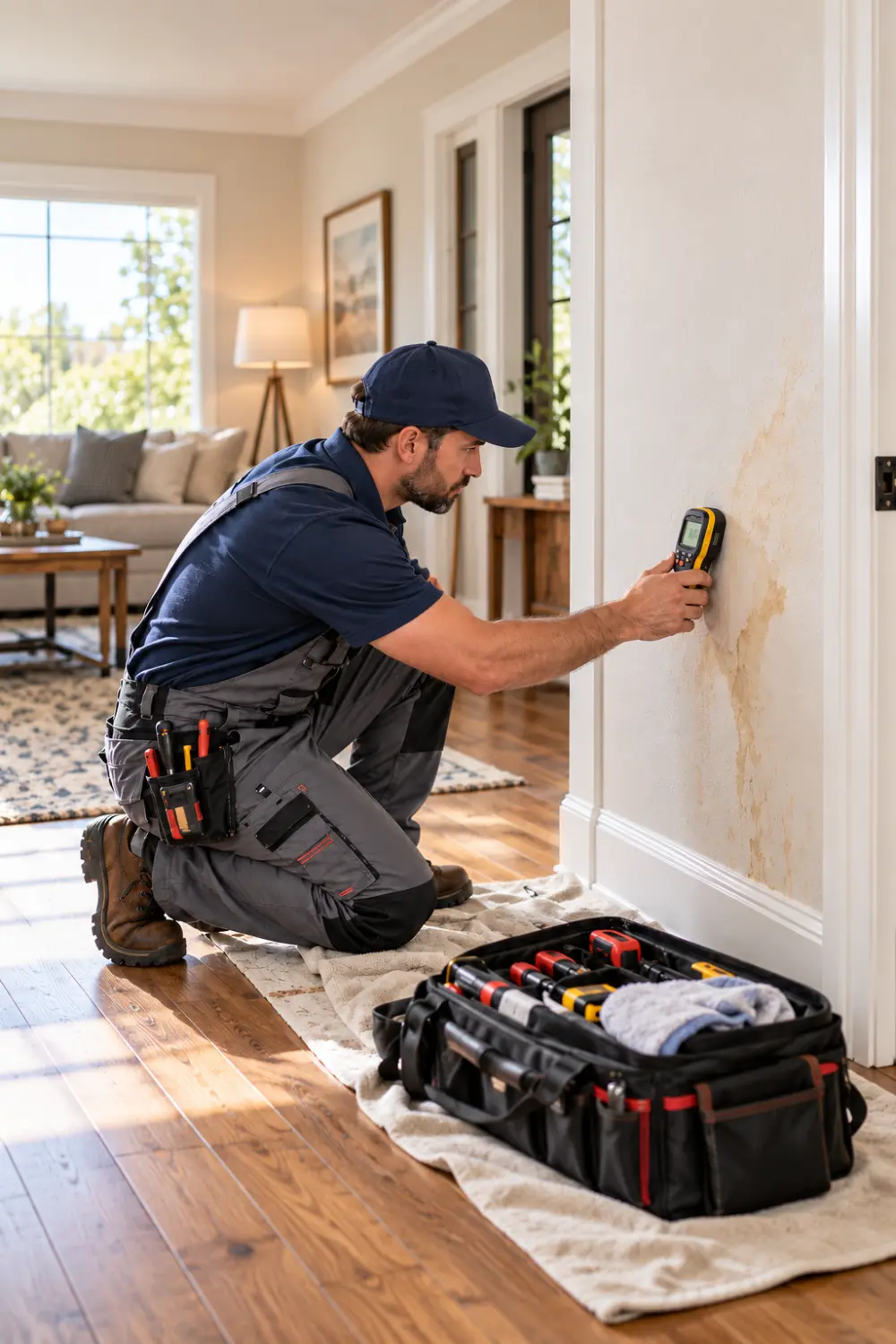 Professional plumber using a moisture meter to inspect a water-stained wall for a hidden plumbing leak.
