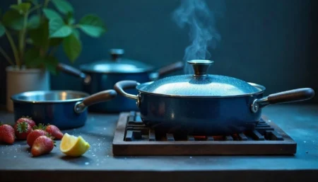 A modern kitchen setup featuring a variety of high-quality pots and pans neatly arranged on a stovetop and shelves, perfect for all cooking needs.