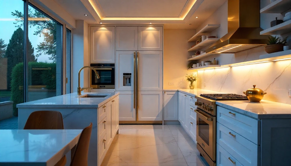 Modern kitchen setup showcasing premium kitchen appliance choices like blenders, air fryers, and smart ovens on a sleek countertop.