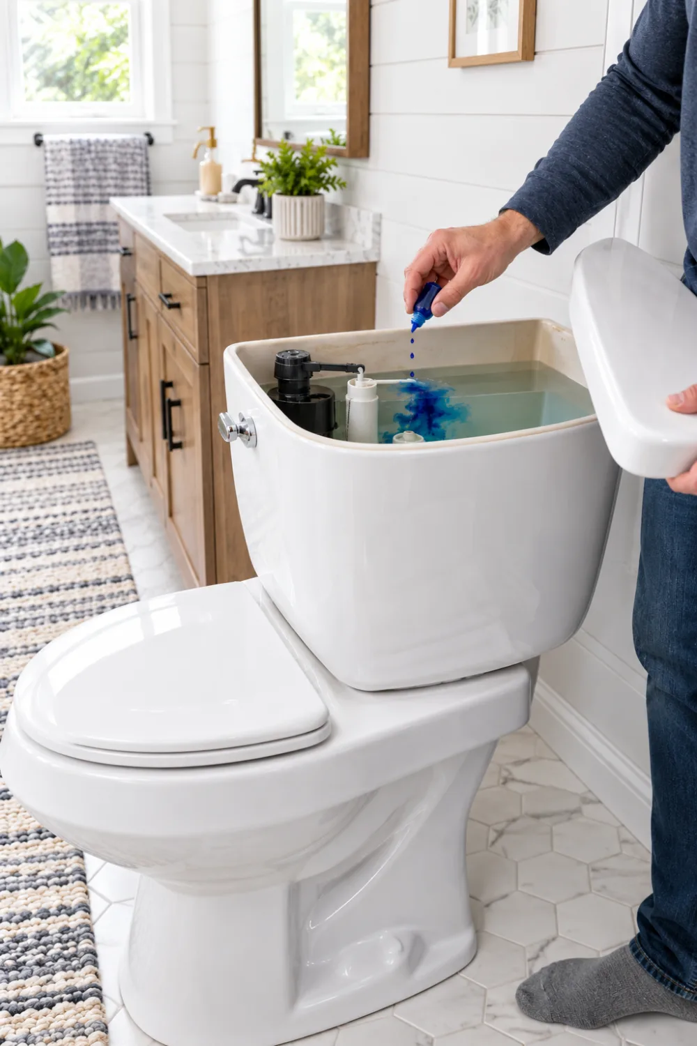 Blue dye being added to a toilet tank to test for a silent leak caused by a worn flapper.