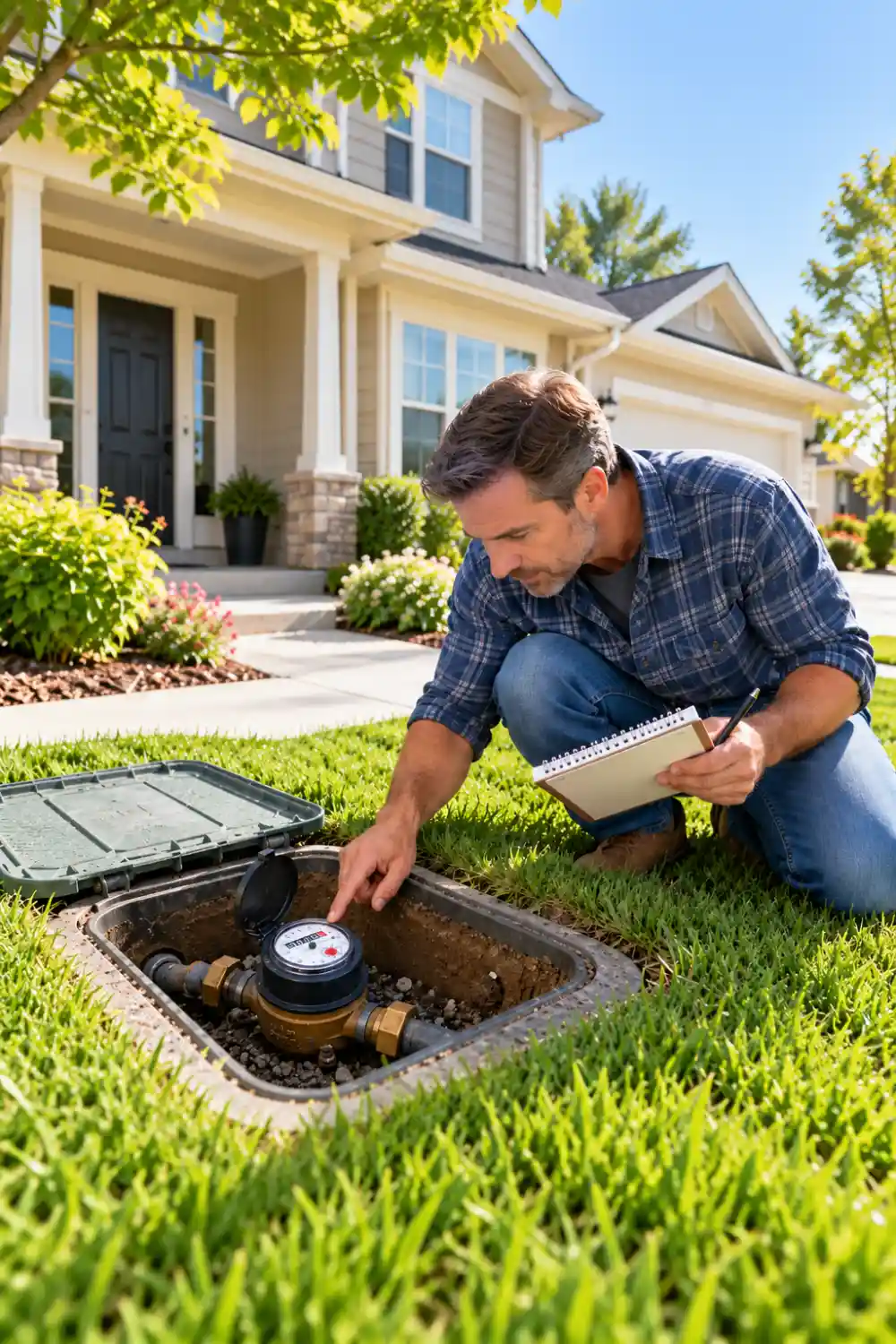 Homeowner checking an outdoor water meter to identify a possible hidden household water leak.