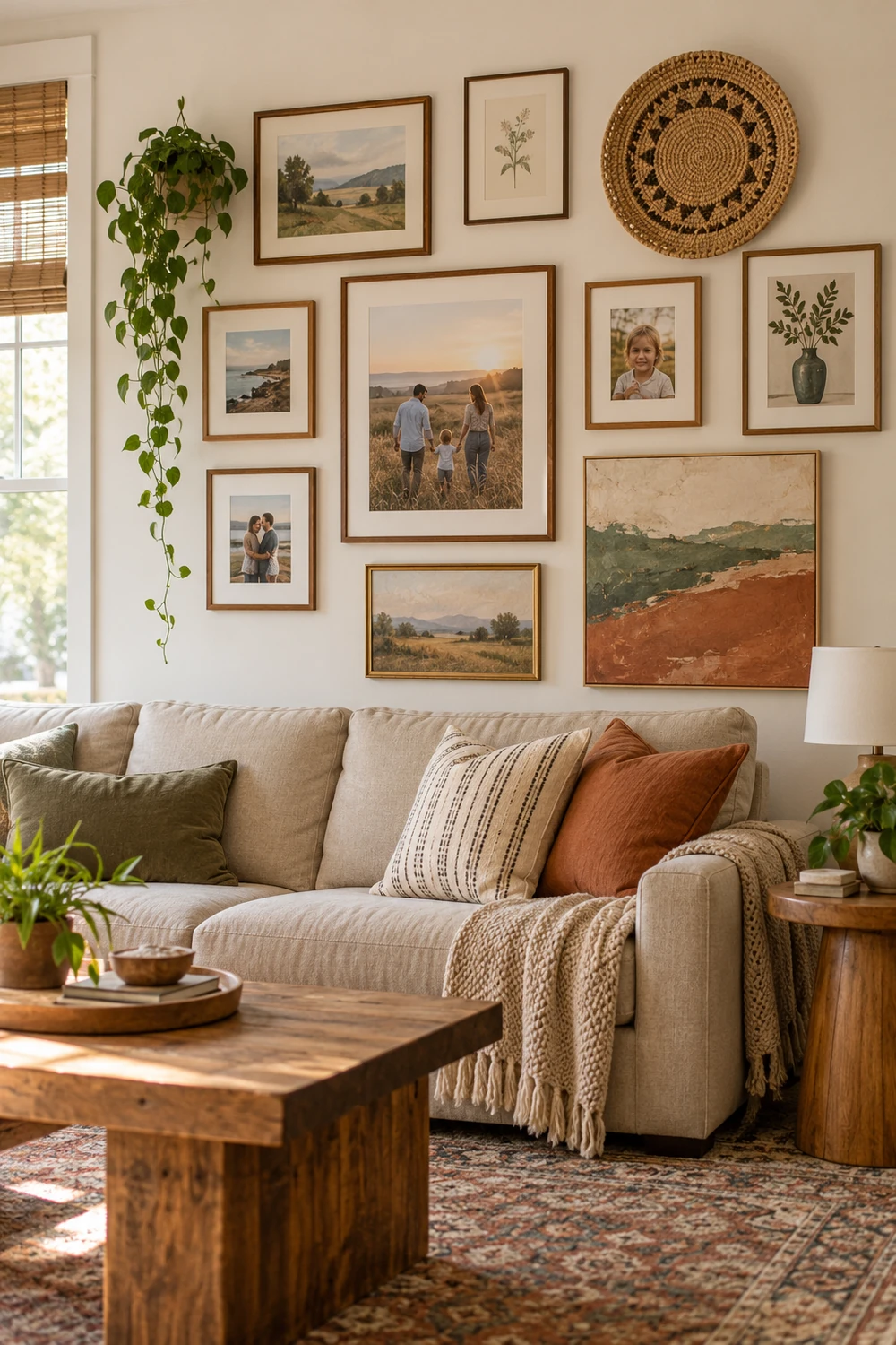 DIY gallery wall with family photos and handmade art in a warm living room