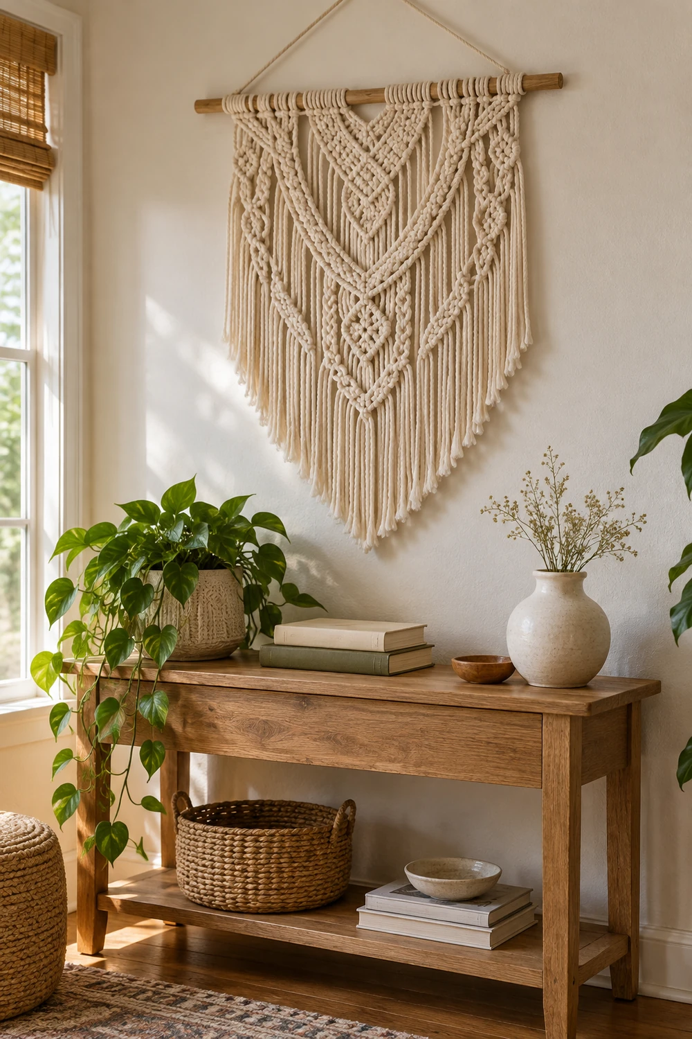 Handmade macrame wall hanging above a wooden console with plants and books