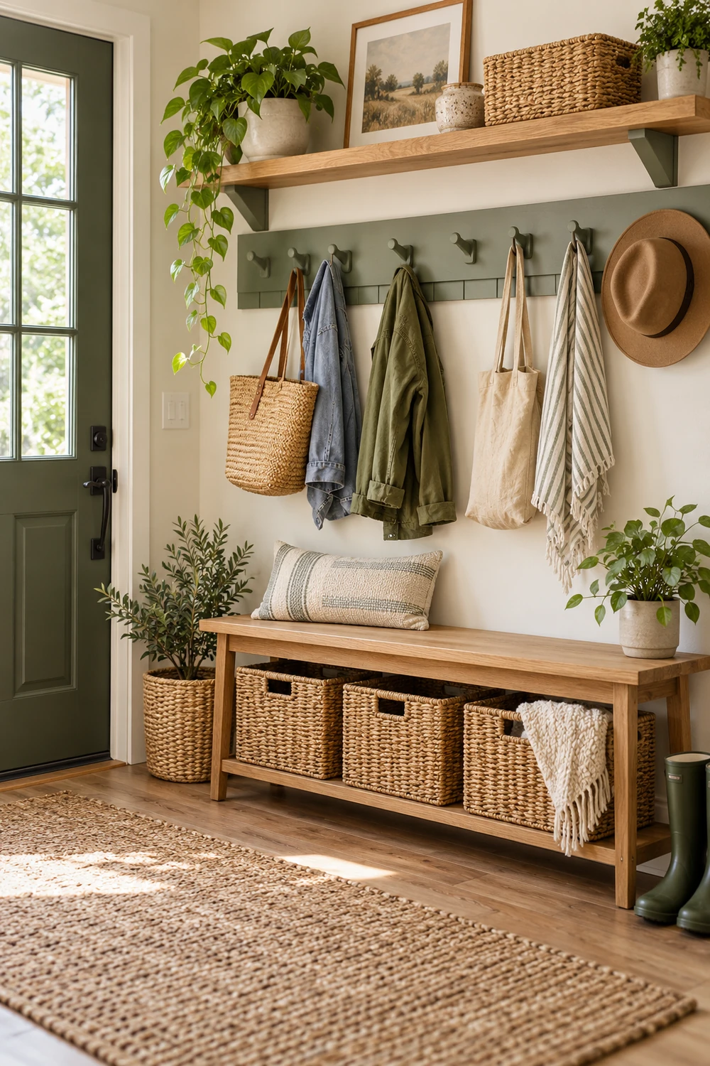 DIY entryway storage with painted hooks, woven baskets, bench and wooden shelf