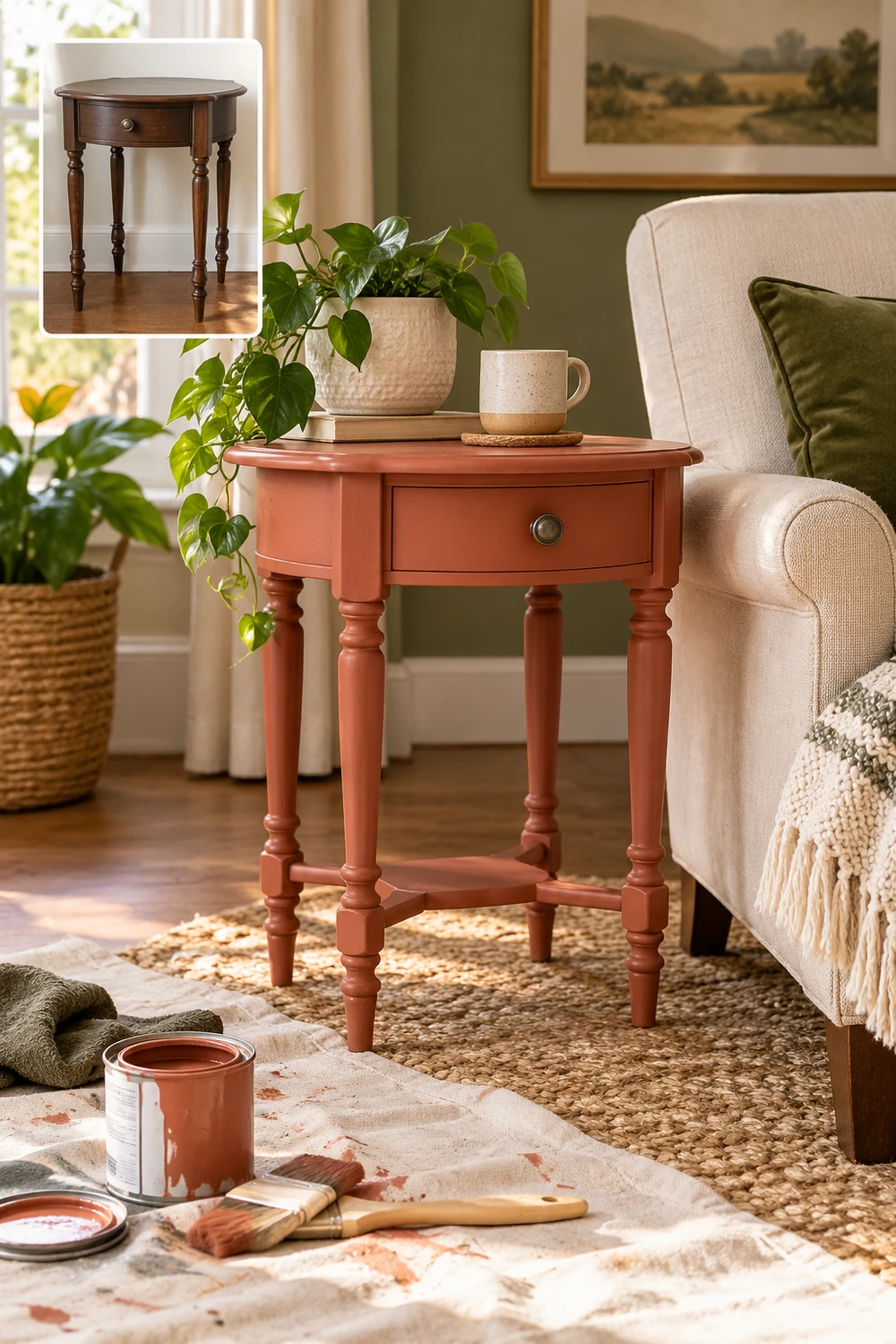 Upcycled vintage side table painted terracotta beside a neutral armchair