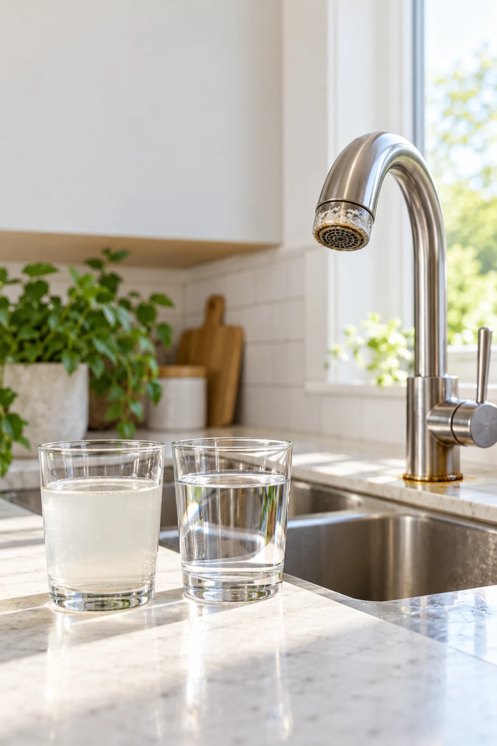 Modern kitchen sink with two water glasses showing cloudy and clear drinking water, plus mineral buildup on faucet aerator and light rust staining near the fixture.