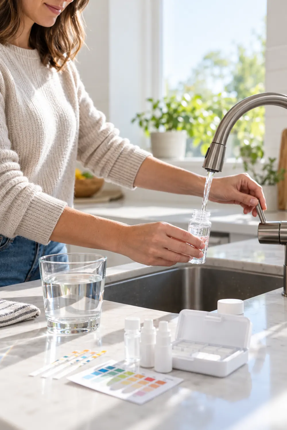 Homeowner in a bright modern kitchen filling a water sample container beside a home water-testing kit, clear glass of tap water, and test strips on the countertop.
