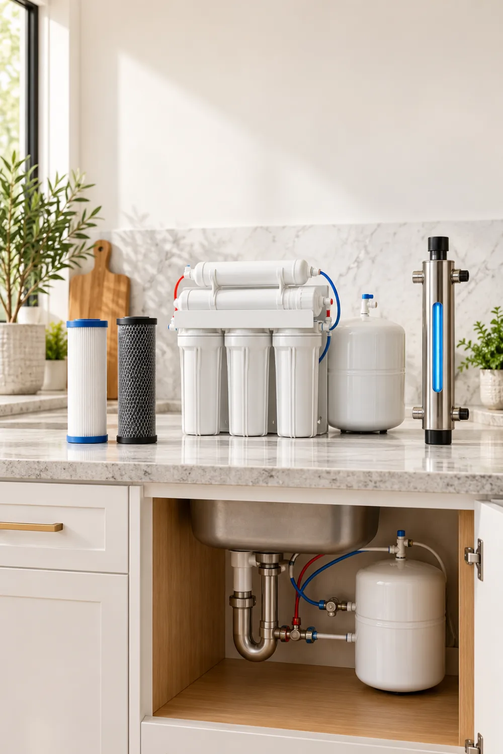 Modern kitchen scene showing residential drinking water treatment options including a sediment filter cartridge, activated carbon filter, under-sink reverse osmosis system, UV water-treatment unit, and visible kitchen plumbing.