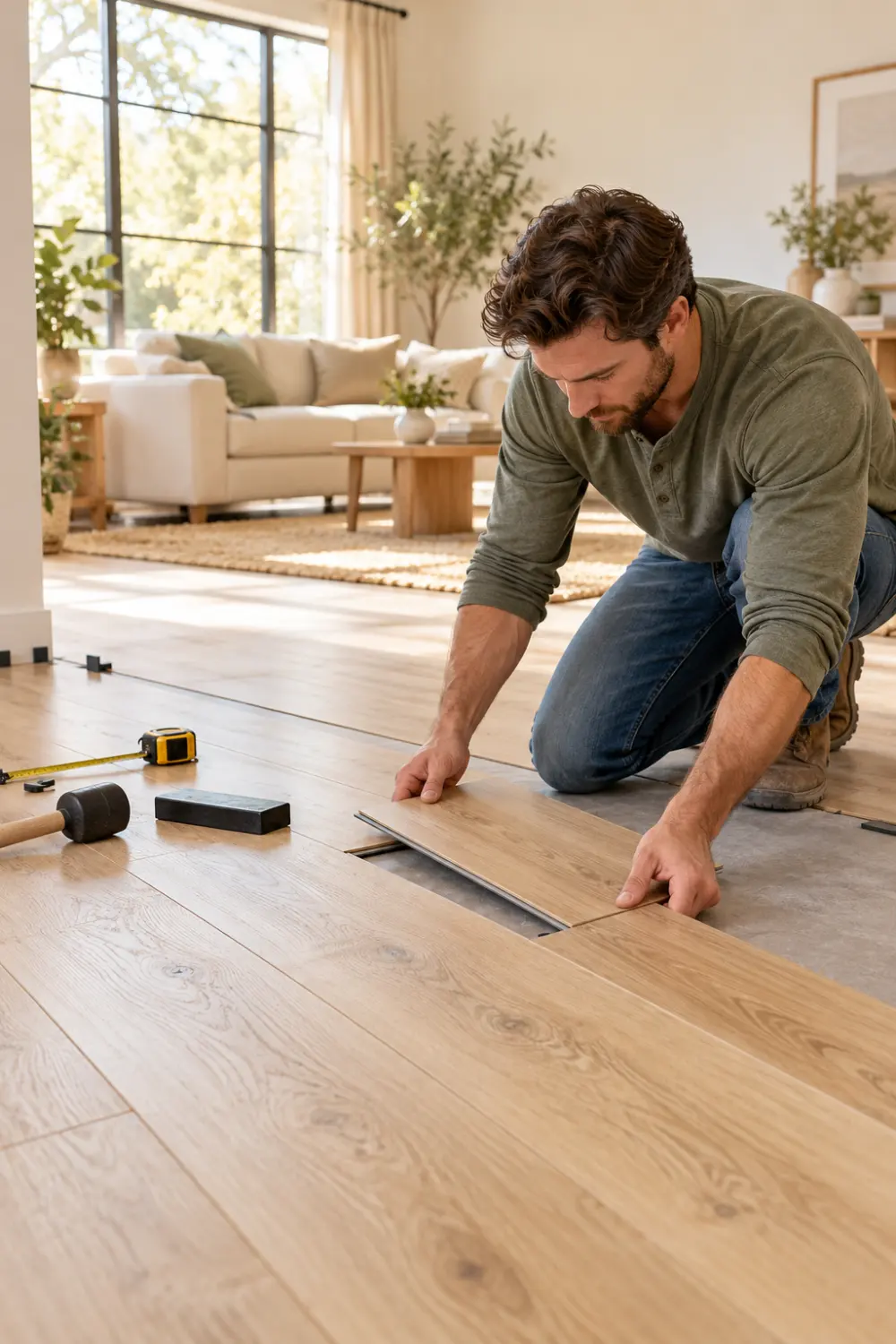 Homeowner installing light oak click-lock luxury vinyl plank flooring in a modern living room using DIY flooring tools.