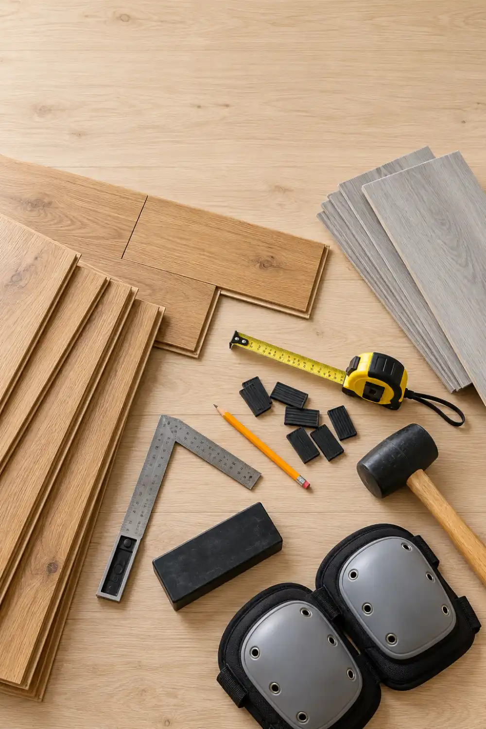 Overhead flat-lay of DIY flooring installation tools and materials, including laminate planks, luxury vinyl plank samples, tape measure, square, spacers, tapping block, rubber mallet, pencil, and knee pads.