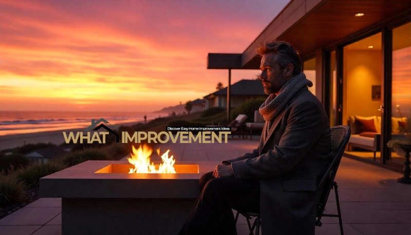 Pedro Pascal relaxing by a firepit at his beachfront house during sunset, highlighting the serene and stylish outdoor living space of Pedro Pascal House.