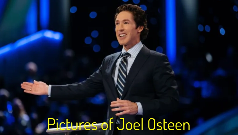 Joel Osteen speaking at Lakewood Church in a dark suit and striped tie, with blue stage lighting and "Pictures of Joel Osteen" text overlay displayed prominently.