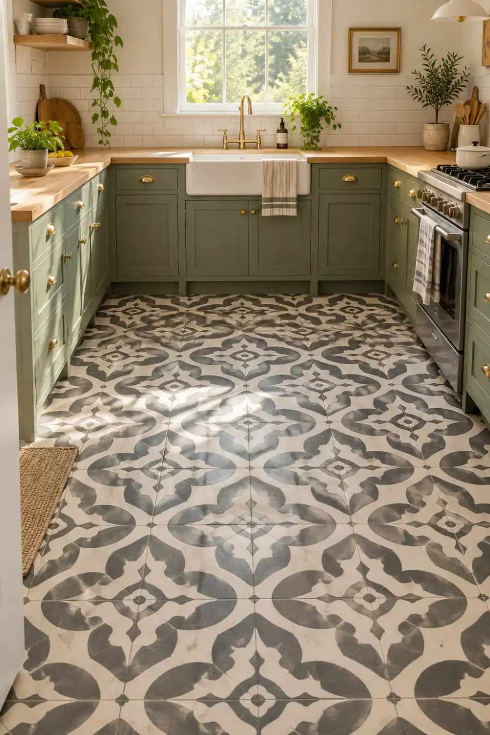 Small kitchen featuring a charcoal gray and white geometric stenciled floor, sage green cabinets, wooden countertops, and brass hardware.