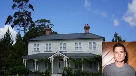 Walker Hayes' house surrounded by greenery with a portrait of the country singer inset on the right.