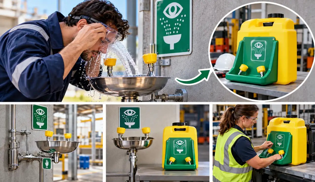 Workplace safety technician checking a portable emergency eyewash station's flushing nozzles and overall condition during a routine inspection.