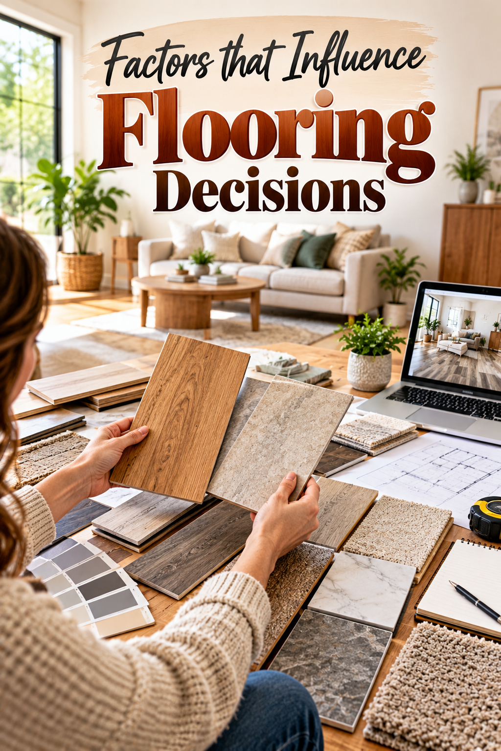 Homeowner comparing wood, tile, vinyl and carpet samples for a flooring project