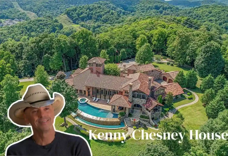 Aerial view of the beautiful beachfront Kenny Chesney House showing its bright design, ocean surroundings, and tropical outdoor space.
