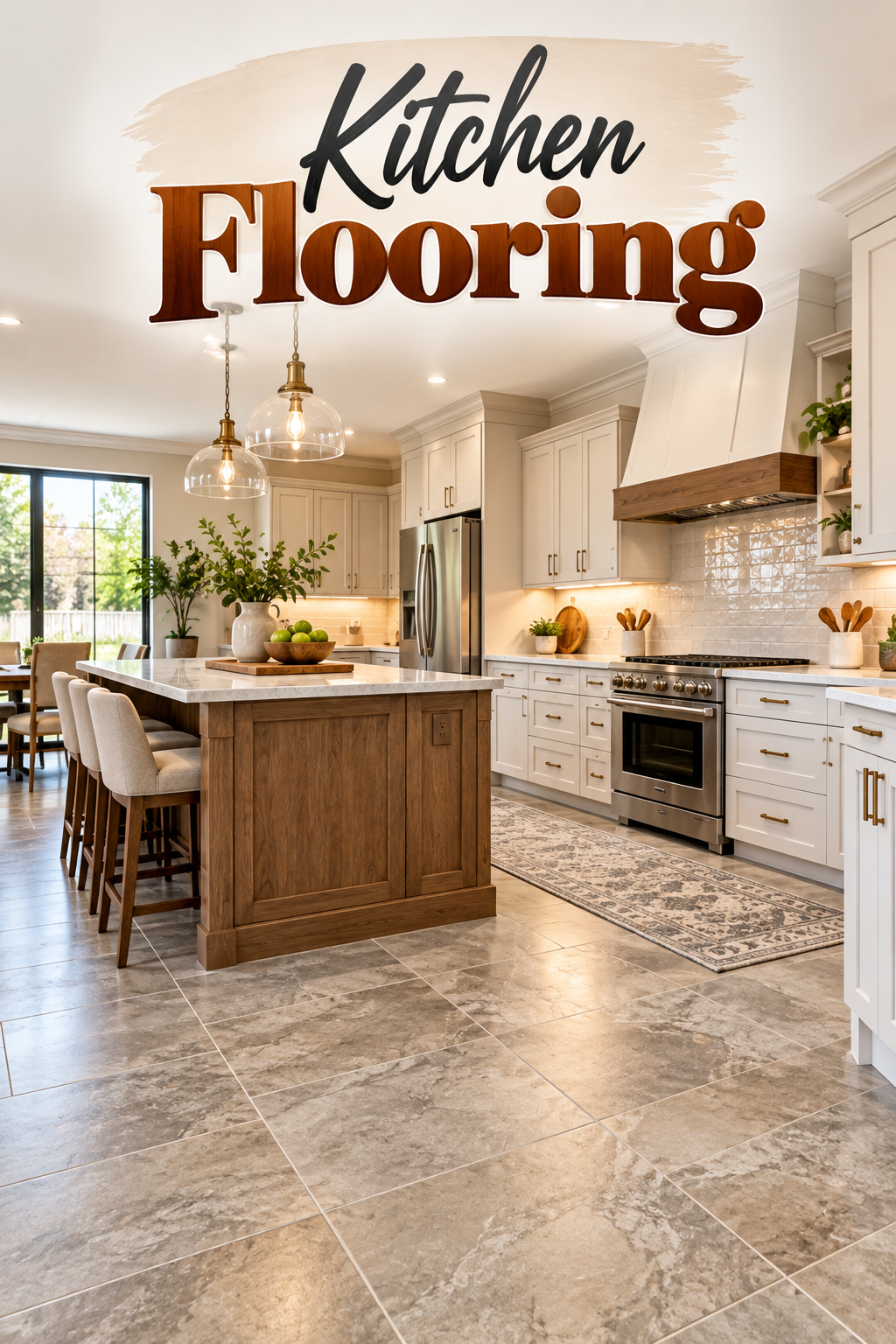 Modern kitchen with durable stone-look flooring, white cabinets and a wood island