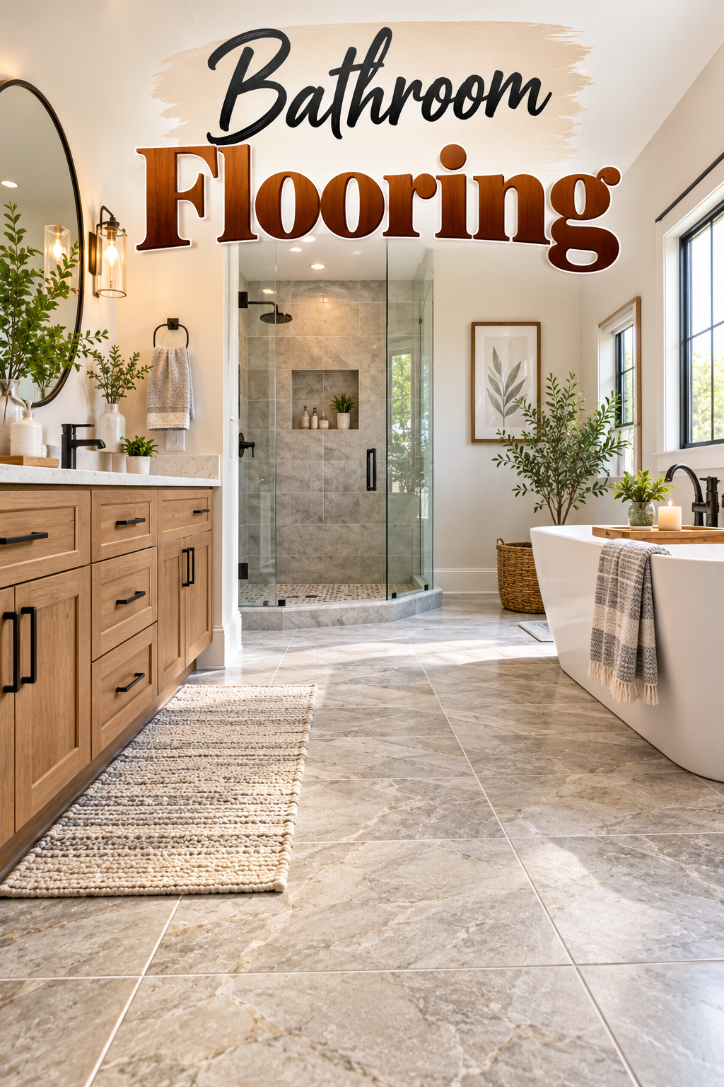 Modern spa bathroom with water-resistant stone-look tile flooring