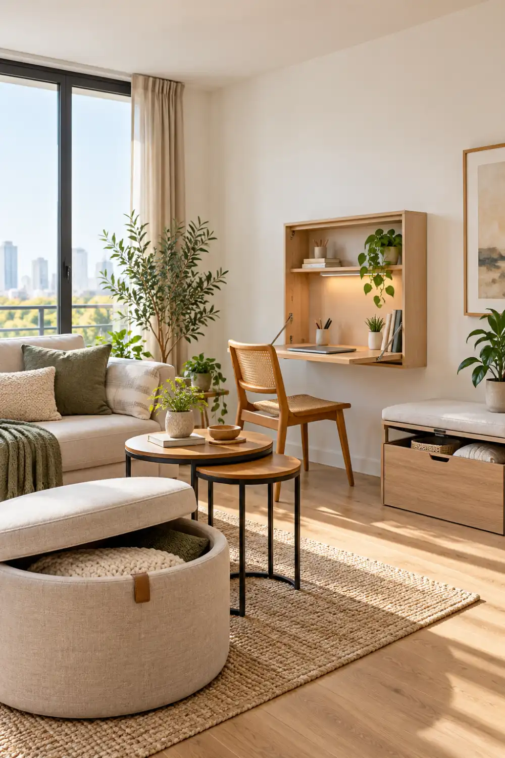 Small living room with storage ottoman, nesting tables, fold-down desk, and hidden storage bench.