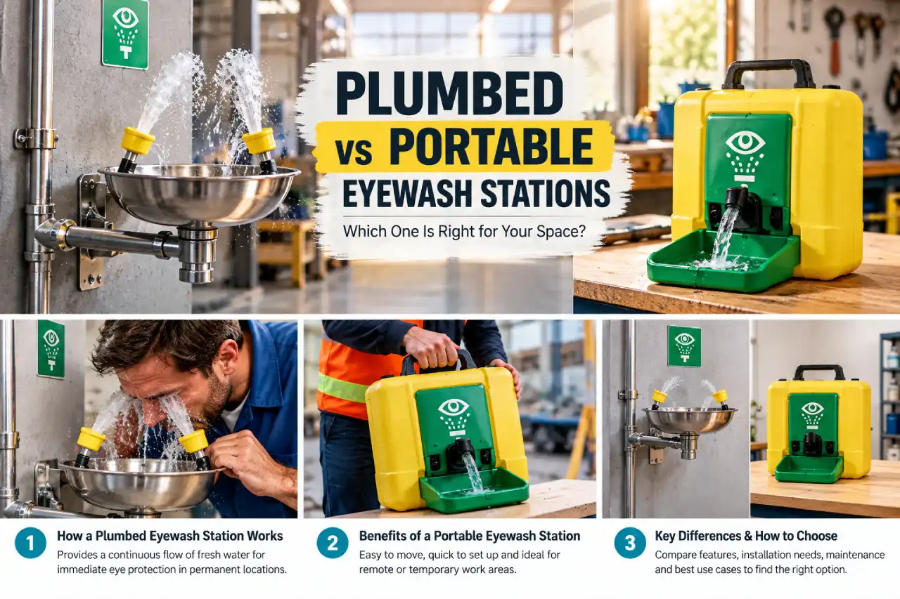 Self-contained portable emergency eyewash station with a water reservoir and dual flushing nozzles positioned on a workshop workbench.