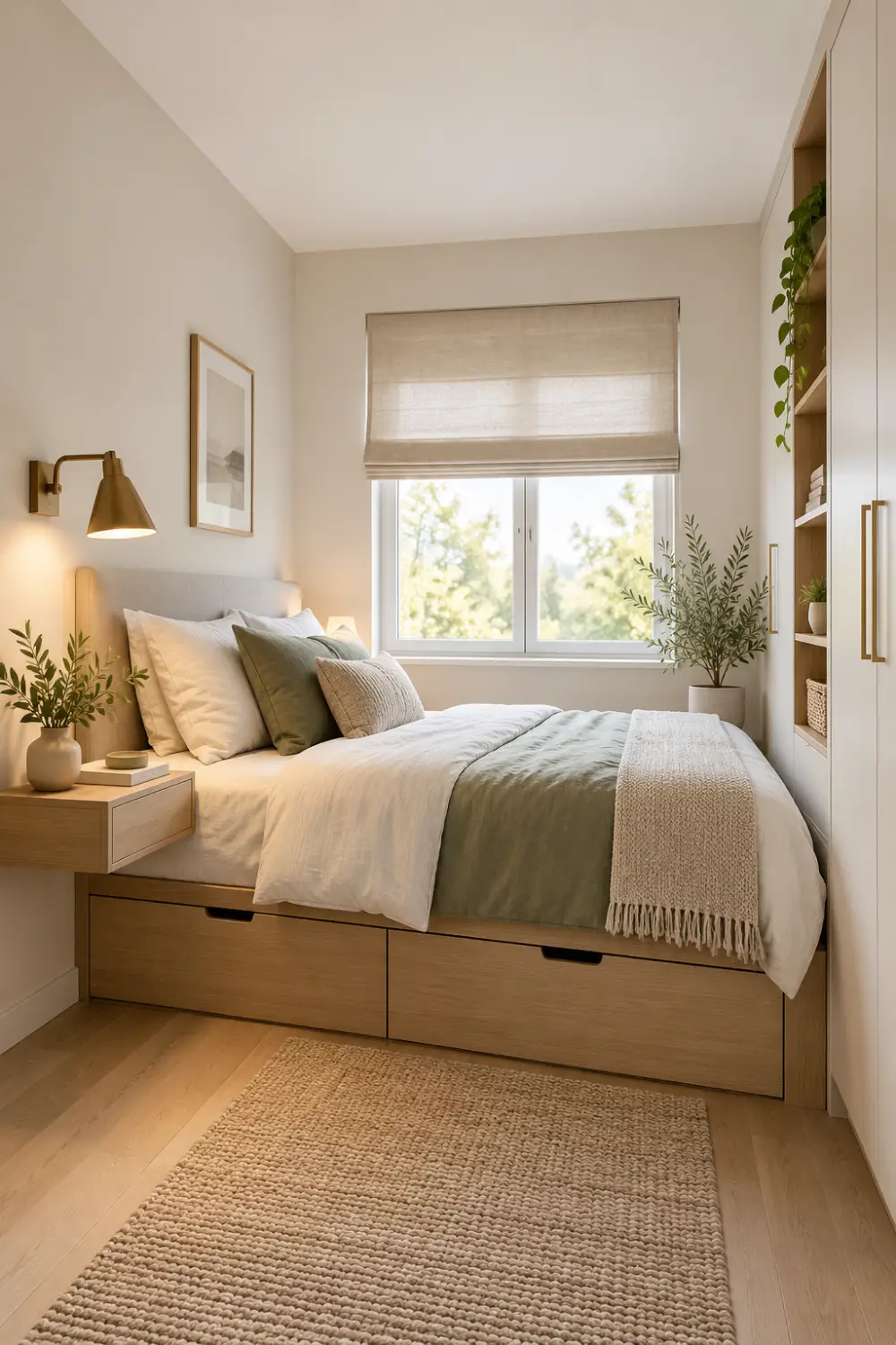 Small bedroom with under-bed storage, floating nightstand, wall light, and clear walking space.