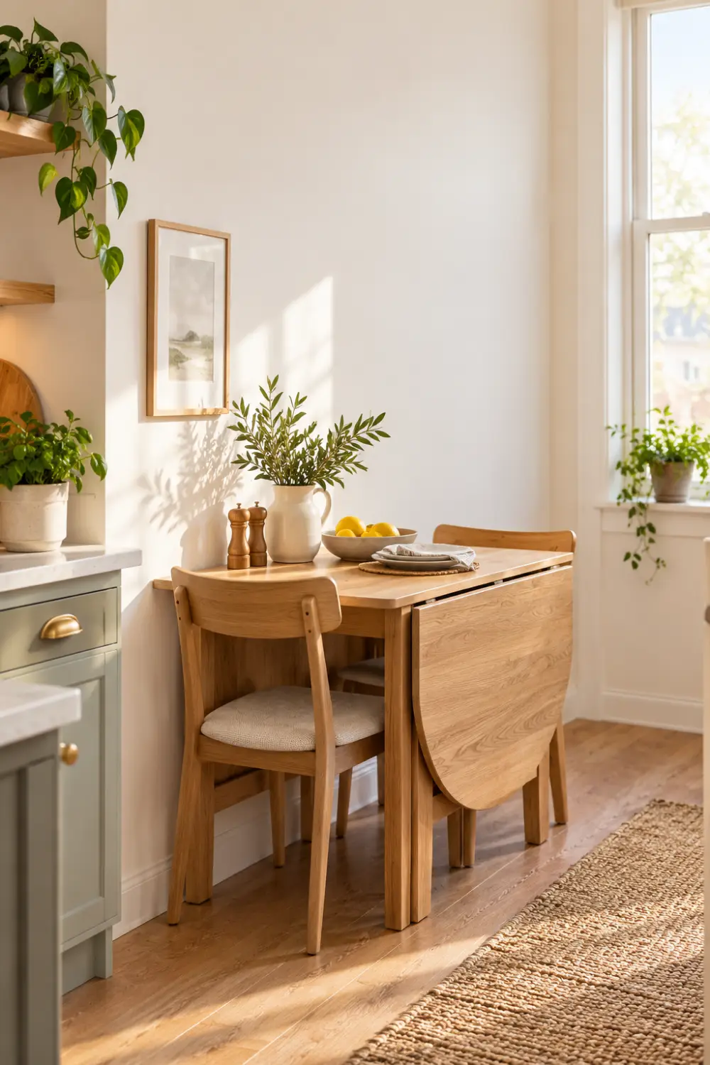 Compact drop-leaf dining table with two chairs in a small apartment dining nook.