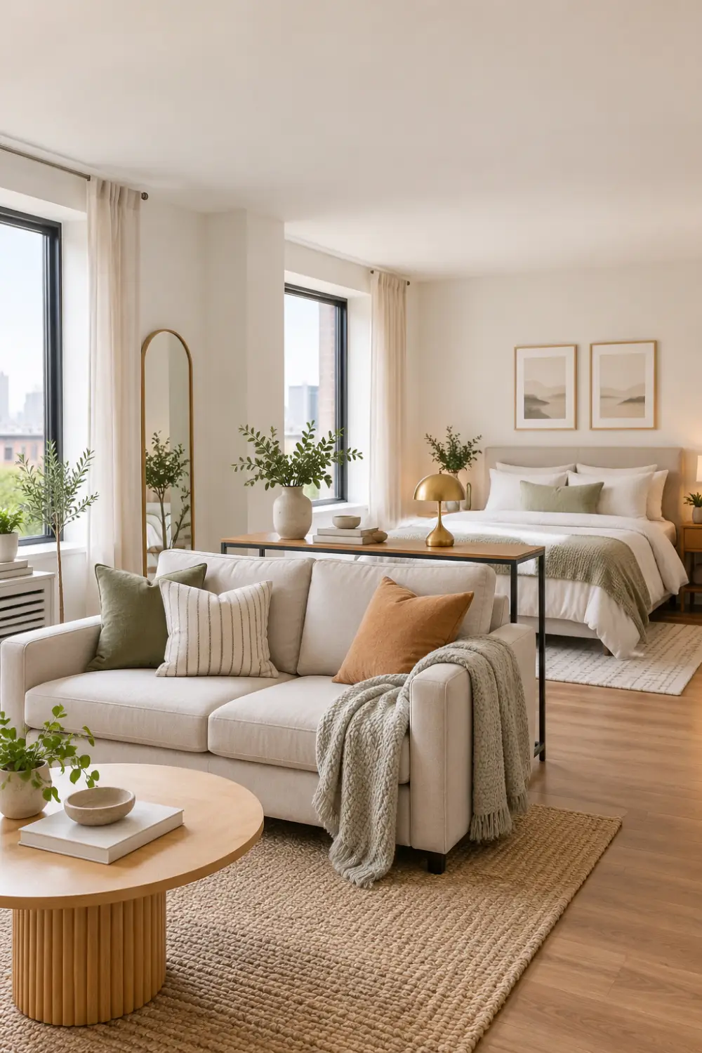 Small studio apartment with a sofa used to separate the living area from the bedroom zone.