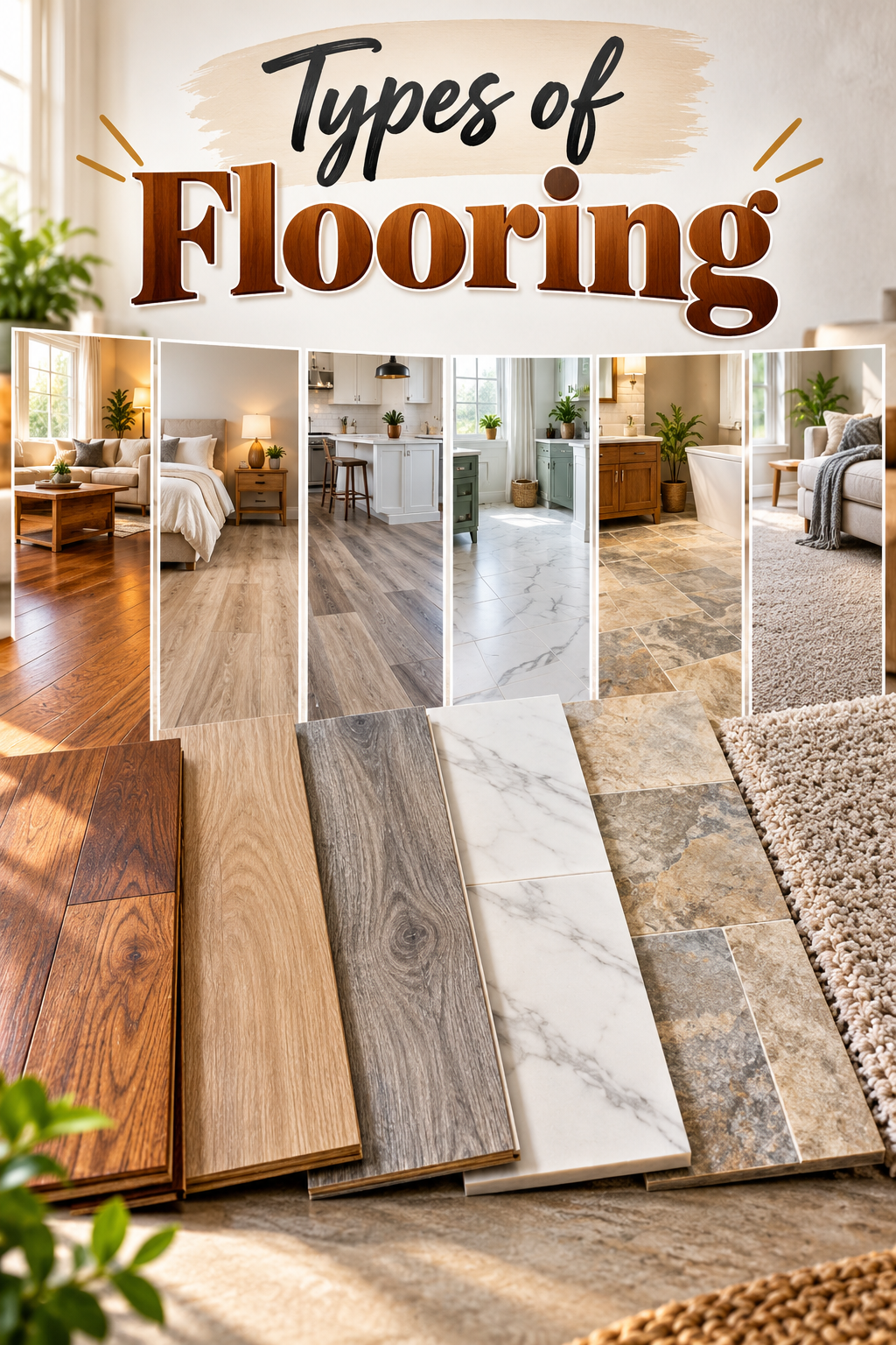 Hardwood, laminate, vinyl, tile, stone and carpet flooring options displayed for different rooms