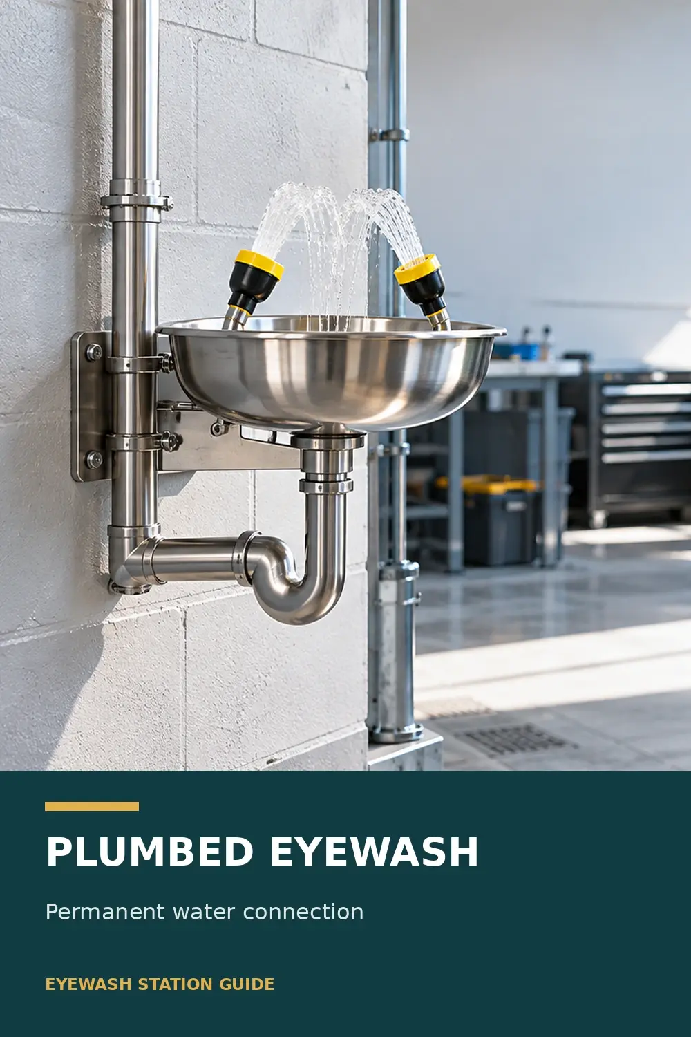 Stainless steel wall-mounted emergency eyewash station with dual spray nozzles and a connected plumbing system in an industrial workplace.
