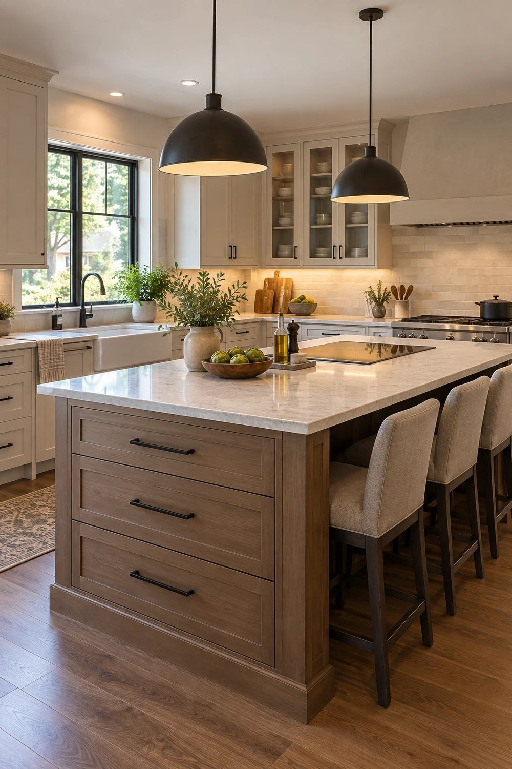 Functional kitchen island with drawers, seating, induction cooking and layered lighting