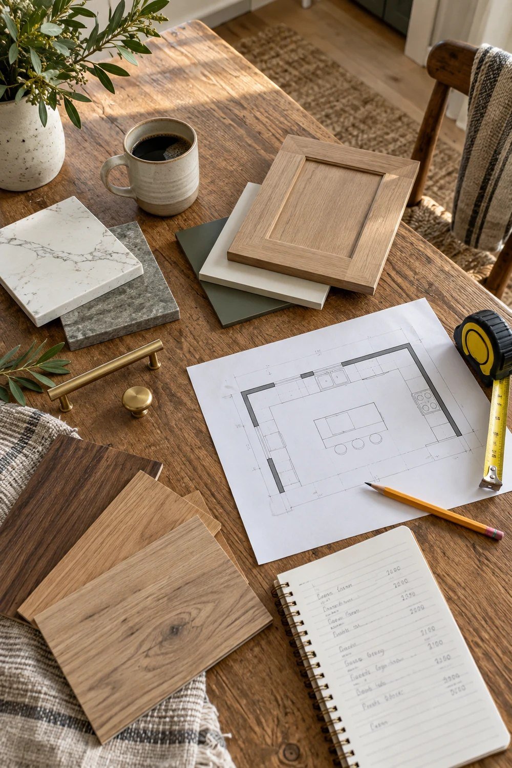 Kitchen renovation plans with cabinet, countertop and flooring samples on a wooden table