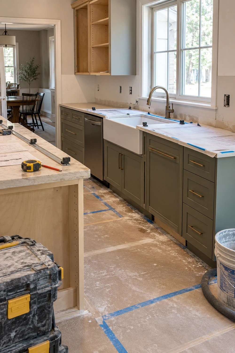 Organized kitchen renovation in progress with installed cabinets and protected flooring