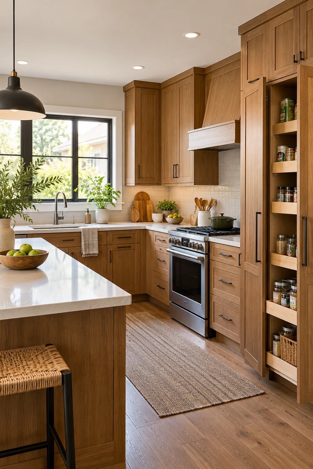 Warm wood L-shaped kitchen with tall pantry cabinets and pullout storage