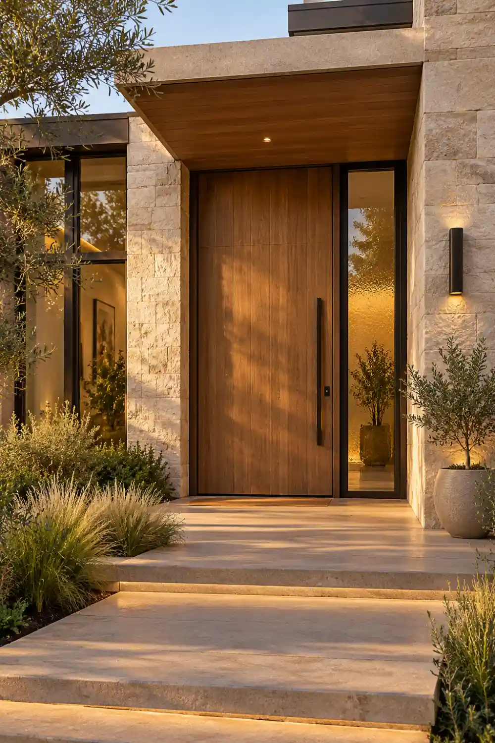 Contemporary home entrance with an oversized warm wood pivot front door, textured glass sidelight, dark bronze hardware, pale stone walls, and landscaped greenery.