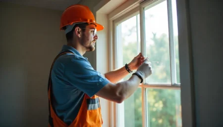 Professional Window And Door Installer measuring a frame for new installation in a modern home, showcasing tools and materials used during the process.