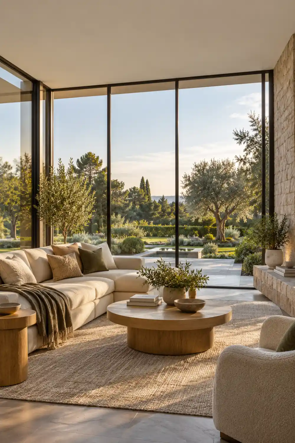 Modern living room with floor-to-ceiling windows, slim dark frames, cream furniture, natural light, and views of a landscaped garden.