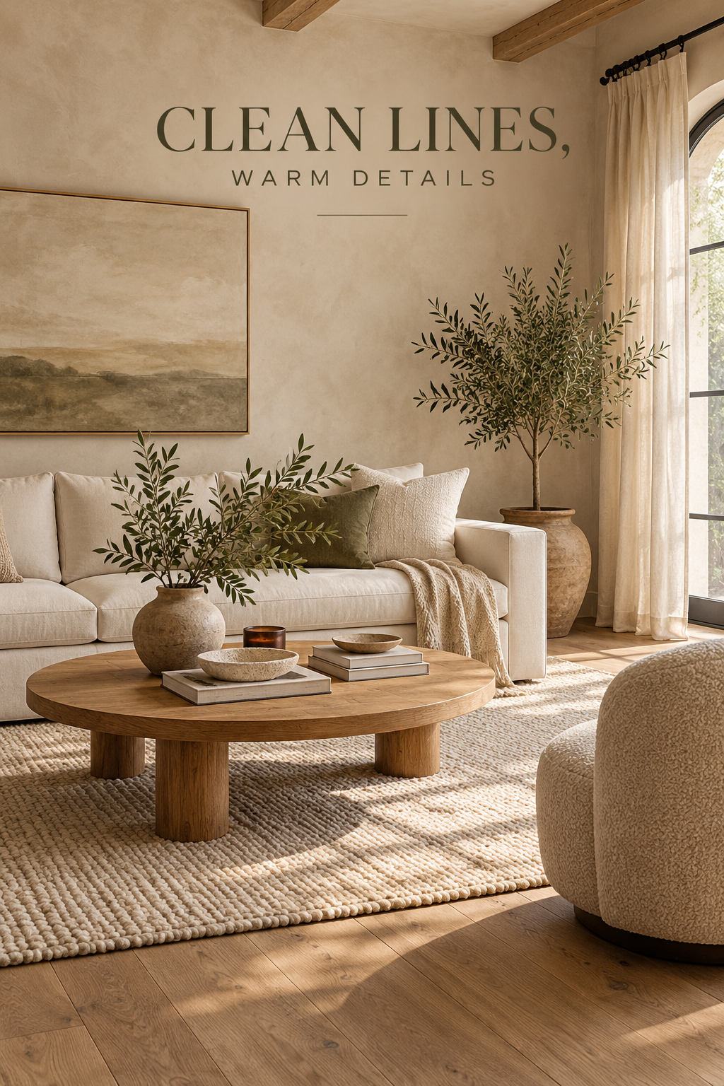 Warm minimalist living room with clean furniture lines, oak and soft neutral textiles