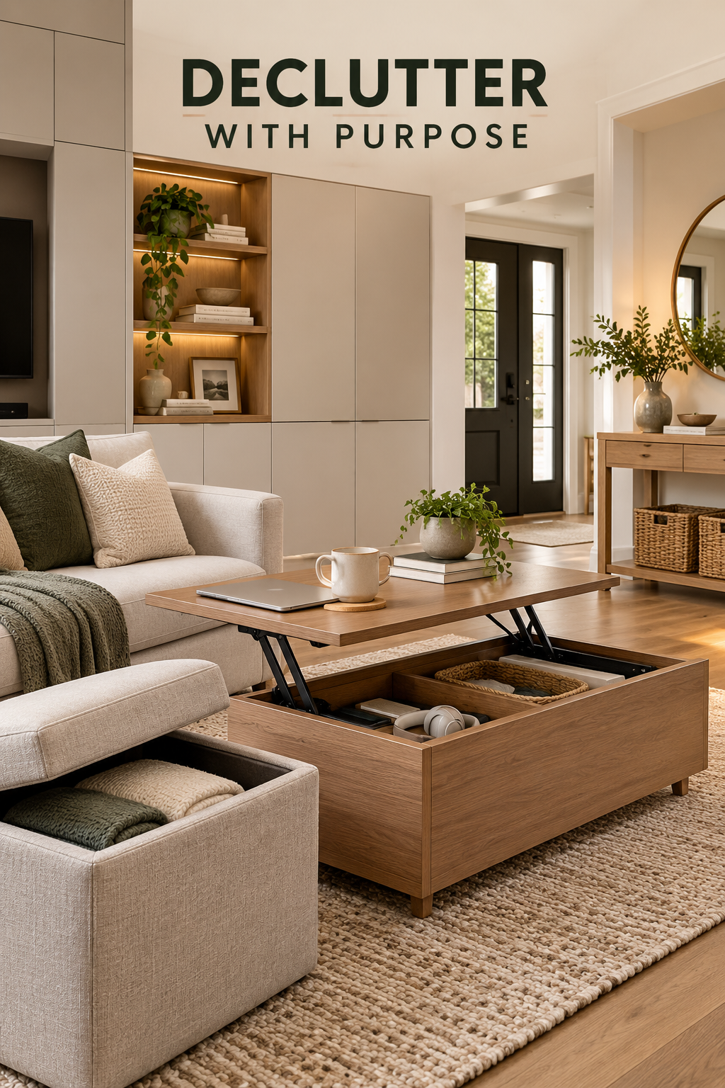 Minimalist living room with built-in storage, storage ottoman and lift-top coffee table