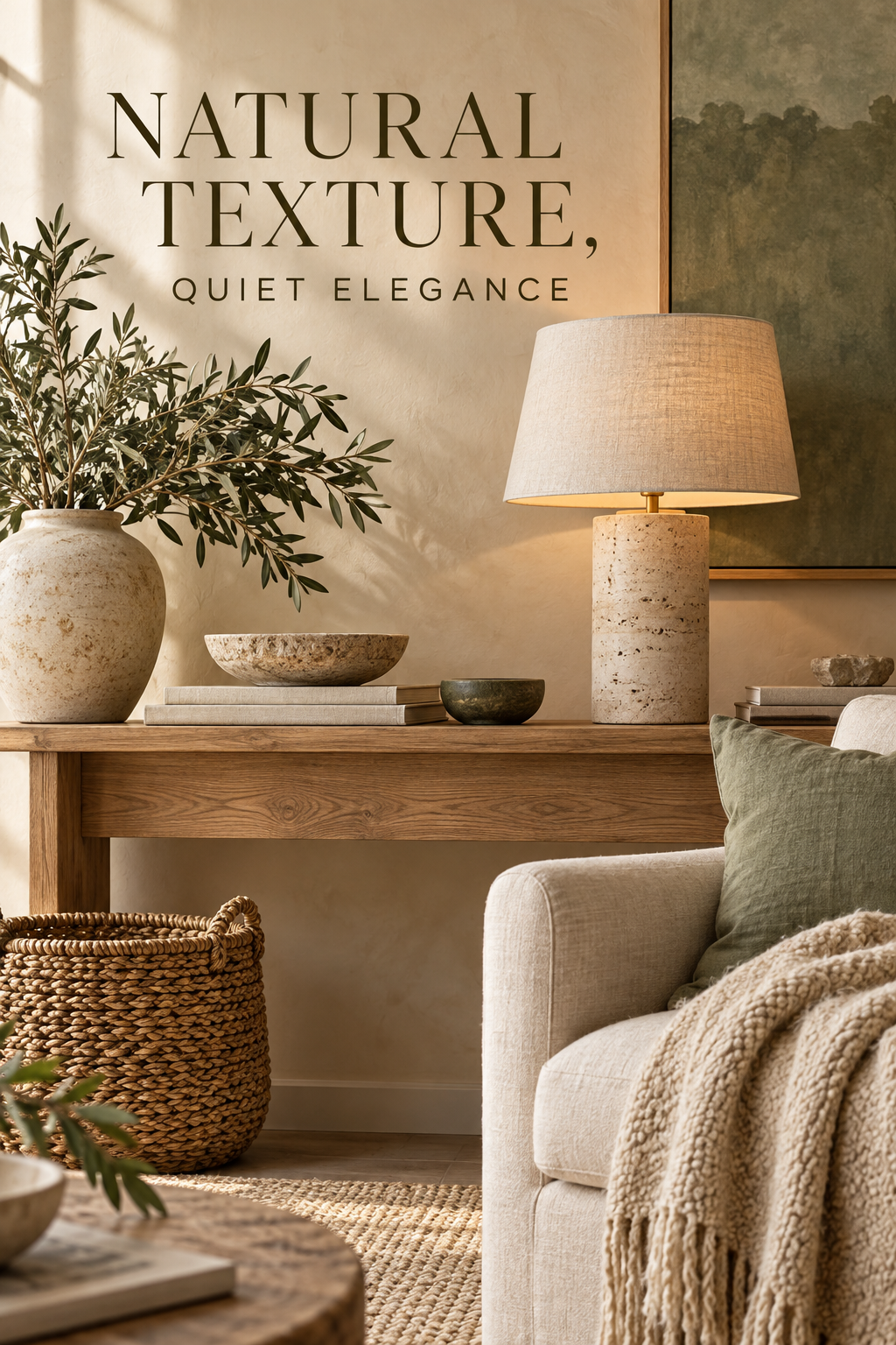 Natural oak, stone, linen and woven textures in a warm neutral minimalist room