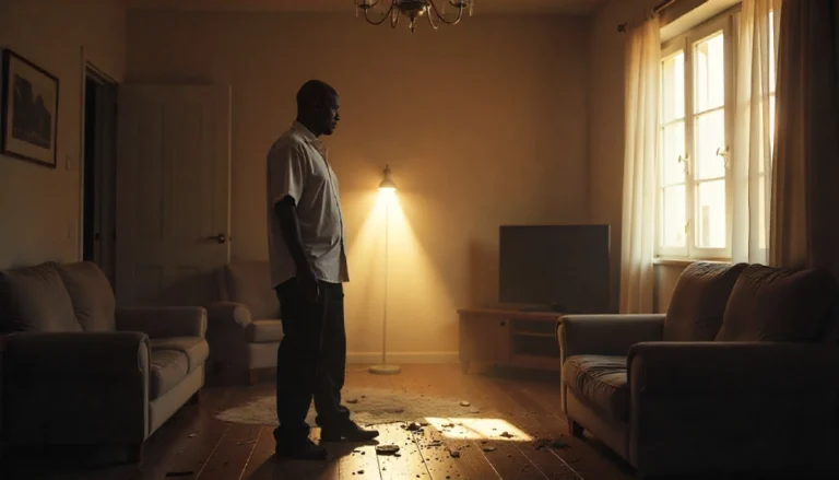 Man discovering break-in evidence in dimly lit living room with debris on wooden floor.