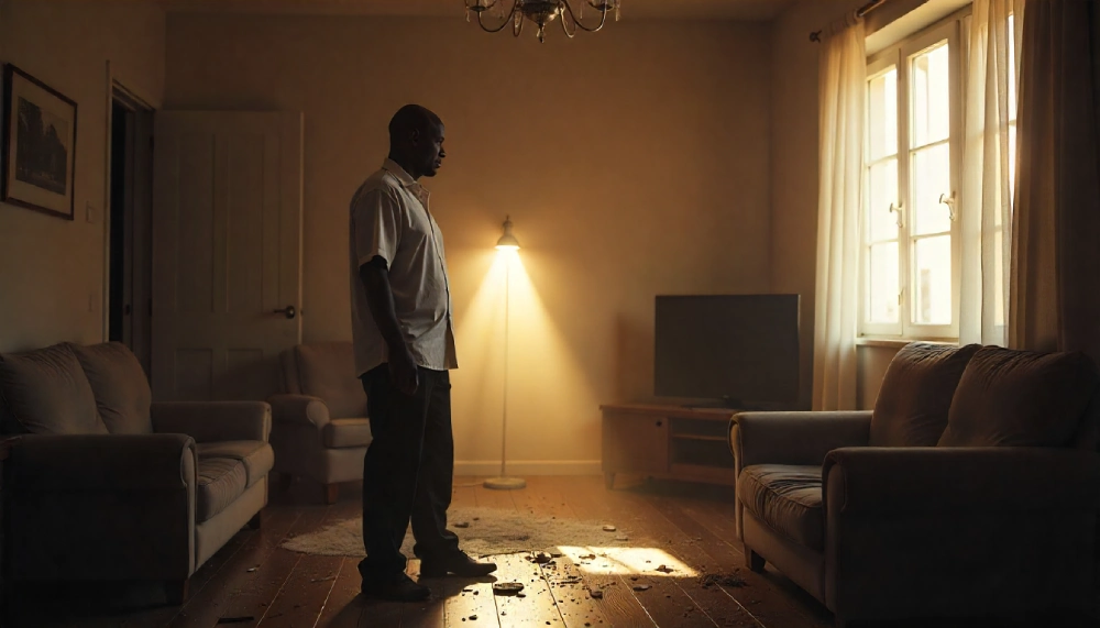 Safety First: What to Do After a Burglary in Your Rental (2025) Man discovering break-in evidence in dimly lit living room with debris on wooden floor.