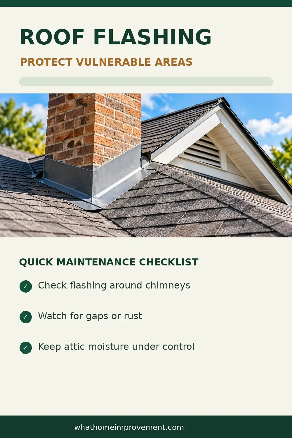 Residential asphalt shingle roof featuring metal flashing around a brick chimney and a gable attic ventilation vent beneath the roof peak.