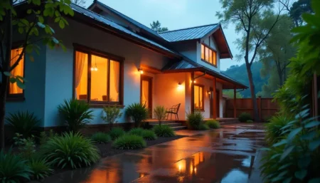Colorful exterior of the Bluey House with signature red roof, blue walls, and tropical garden—bringing the beloved animated home to life.