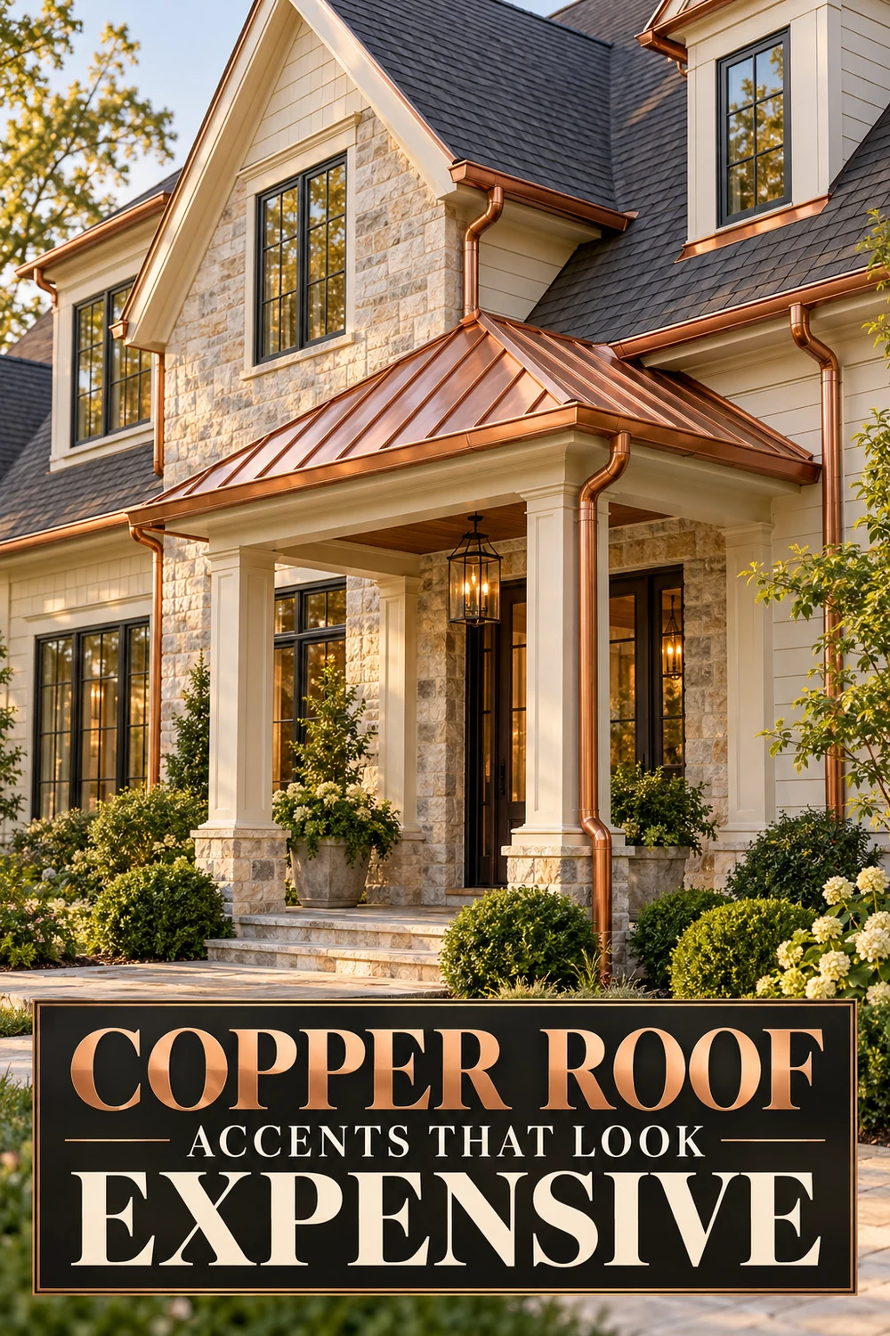 Stone home with a copper standing-seam porch roof, copper gutters and dark shingles