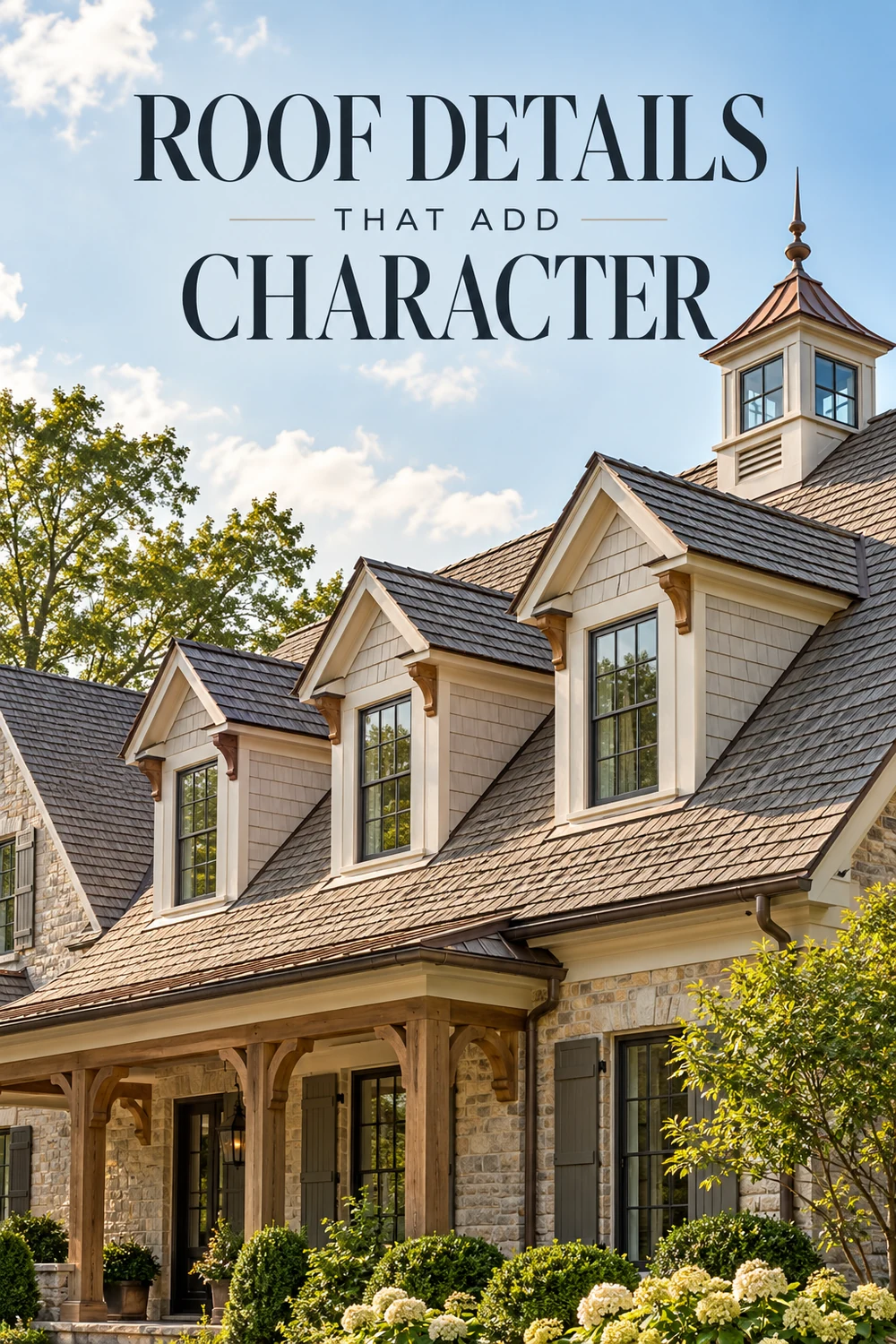 Traditional home exterior with dormer windows, a cupola and decorative roof details