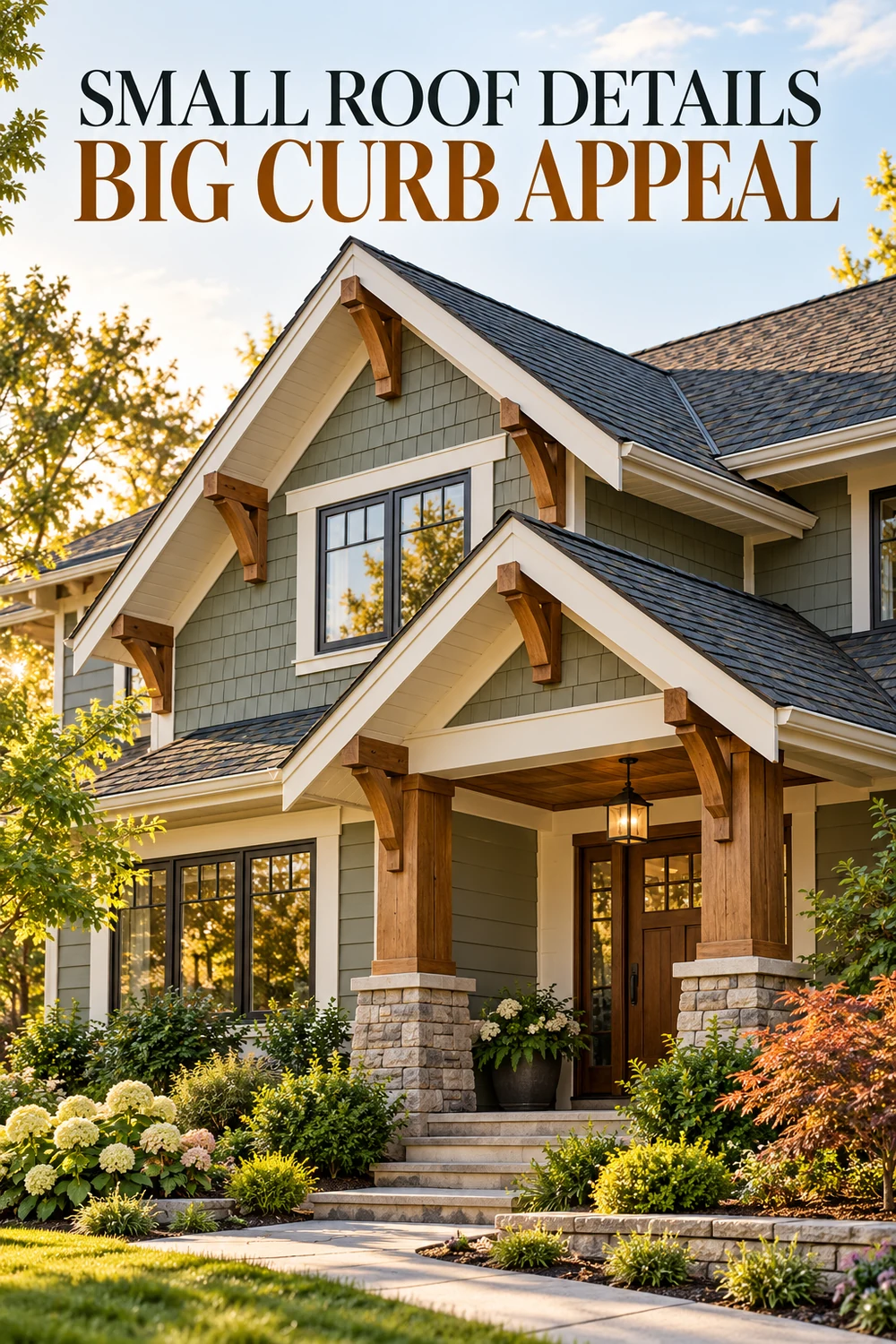 Craftsman home with timber gable brackets, fascia and decorative roof trim