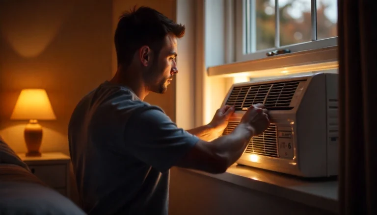 Man adjusting controls on AKW 06CR4 window unit air conditioner in bedroom setting, demonstrating user-friendly operation and quiet cooling performance for residential spaces.
