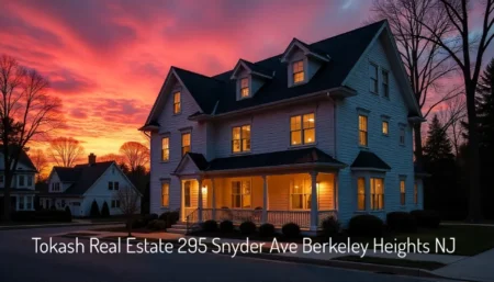 Elegant white colonial home in Berkeley Heights NJ at sunset representing the premium real estate market served by Tokash Real Estate 295 Snyder Ave Berkeley Heights NJ, showcasing the type of luxury properties enhanced by the Tokash family's landscaping and property services since 1981