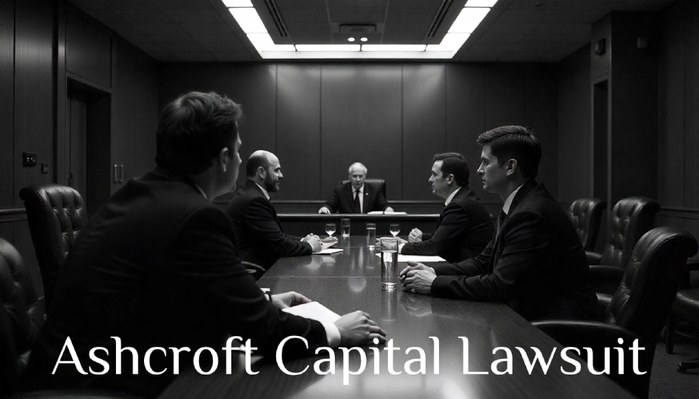 Business executives and lawyers in suits meeting in dark conference room to discuss Ashcroft Capital lawsuit legal proceedings and settlement negotiations.
